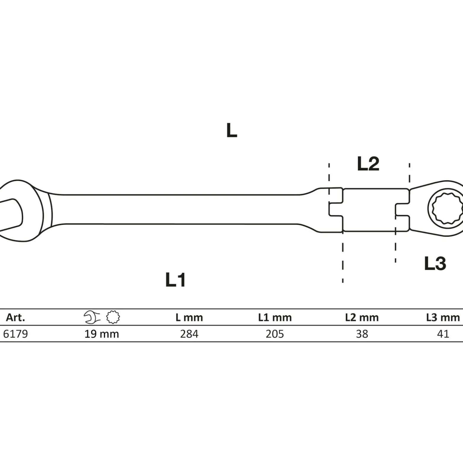 BGS Doppelgelenk-Ratschenring-Maulschlüssel abwinkelbar SW 19 mm - 6179