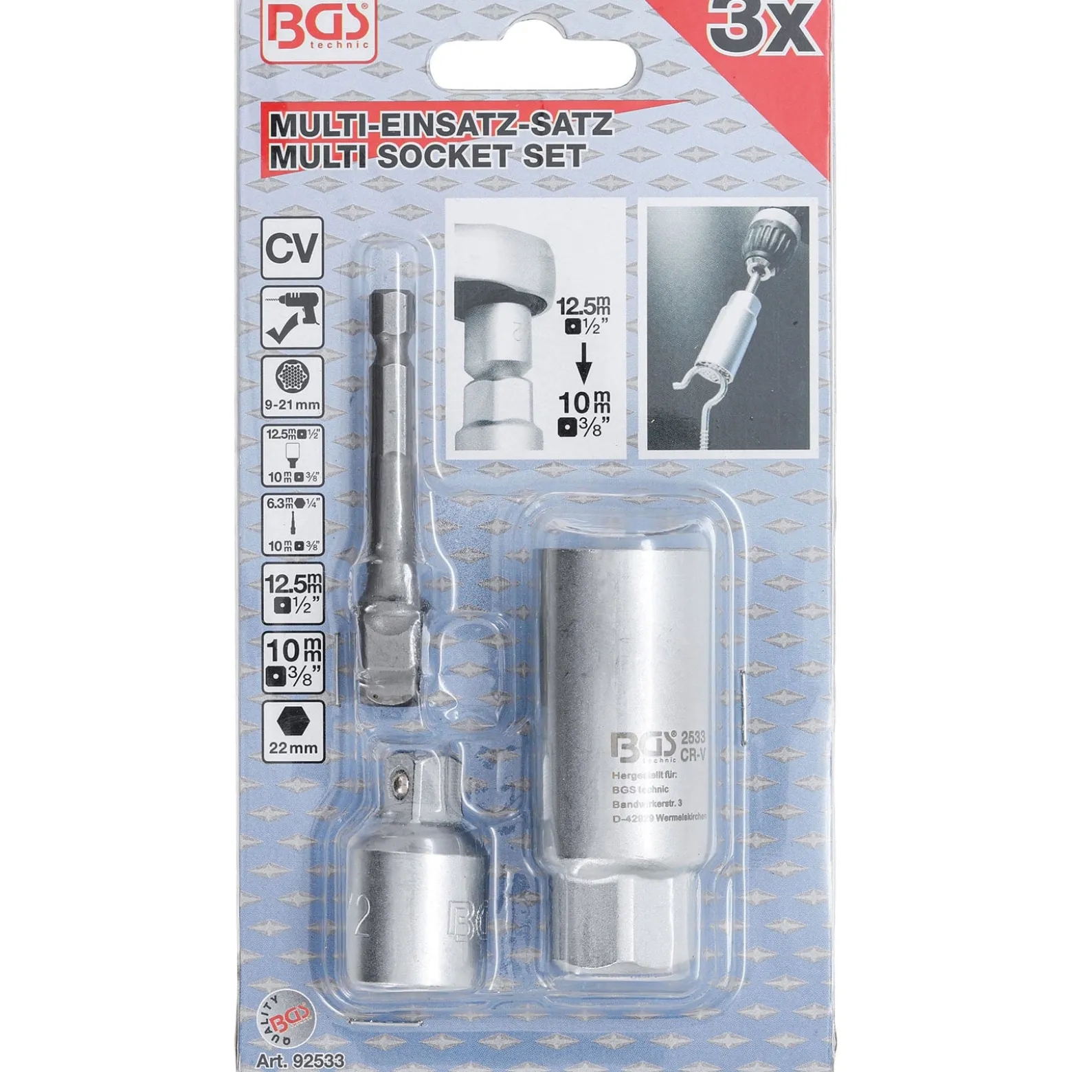 BGS Multi-Einsatz mit mit Adapter-Satz 10 mm (3/8") SW 9 - 21 mm 3tlg. - 92533
