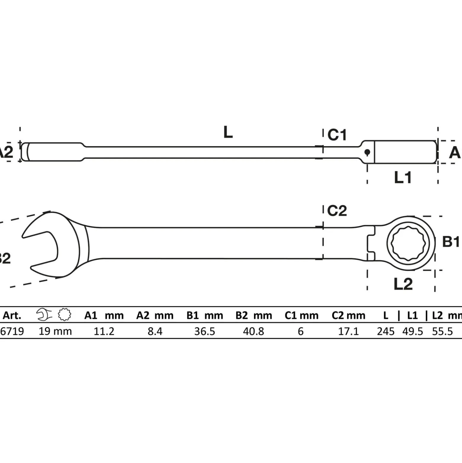 BGS Ratschenring-Maulschlüssel abwinkelbar SW 19 mm - 6719