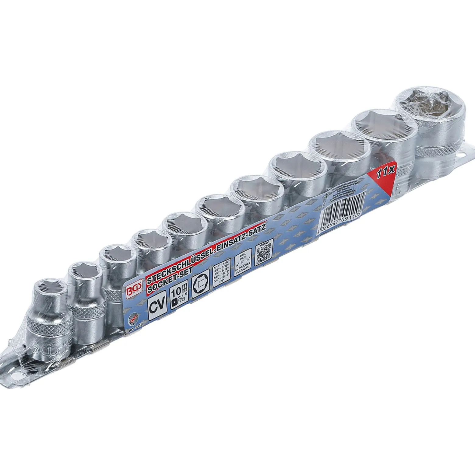 BGS Steckschlüssel-Einsatz-Satz Sechskant Antrieb Innenvierkant 10 mm (3/8") SW 5/16" - 7/8" 11tlg. - 9110