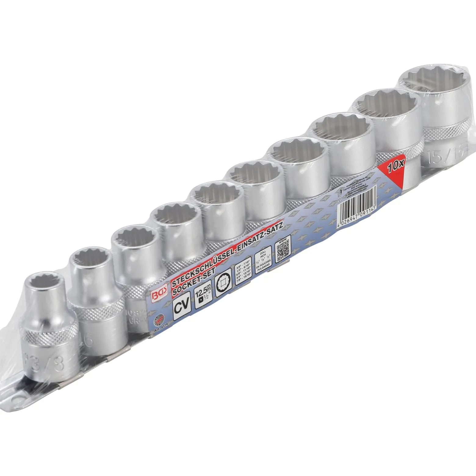BGS Steckschlüssel-Einsatz-Satz Zwölfkant Antrieb Innenvierkant 12,5 mm (1/2") Zollgrößen 10tlg. - 9114