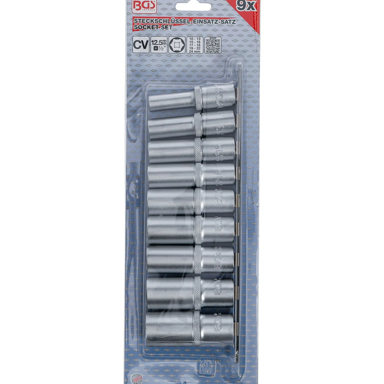 BGS Steckschlüssel-Einsatz-Satz Sechskant tief Antrieb Innenvierkant 12,5 mm (1/2") SW 10 - 24 mm 9tlg. - 2223