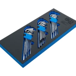 BGS Werkstattwageneinlage 1/3: Winkelschlüssel-Satz extra lang T-Profil (für Torx) / T-Profil (für Torx) mit Bohrung / Innensechskant 27tlg. - 74259