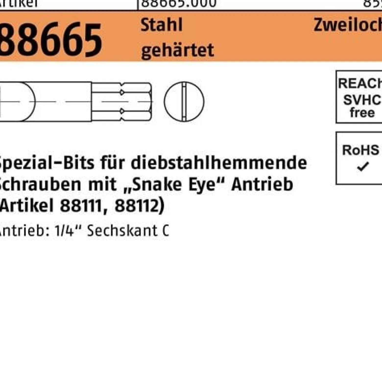 Bit R 88665 Zweiloch M6 Stahl gehärtet 1 Stück