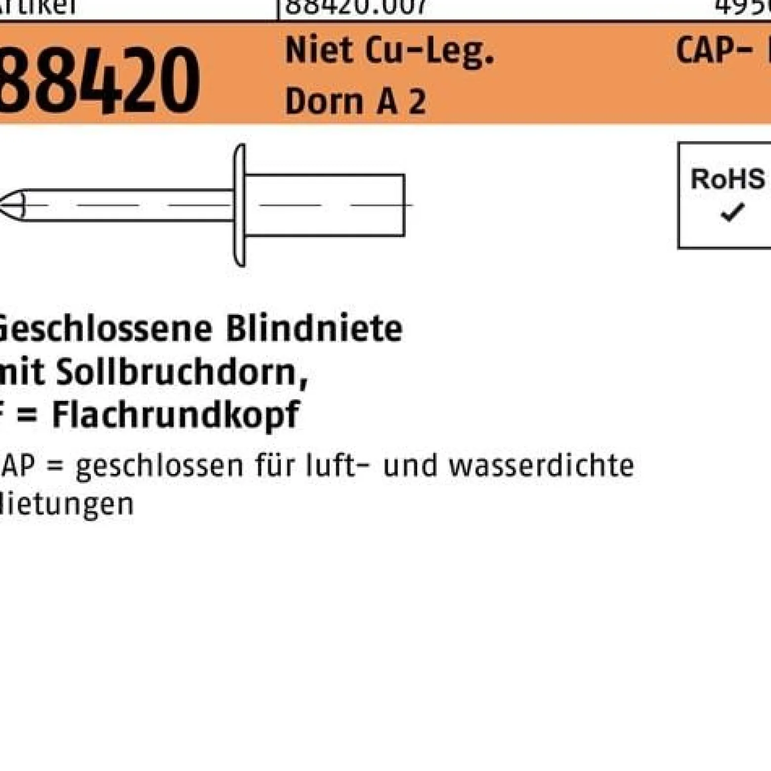Blindniete R 88420 Flachrundkopf 3,2x9 Niet Kupfer-Leg./Dorn A 2 500St. GESIPA