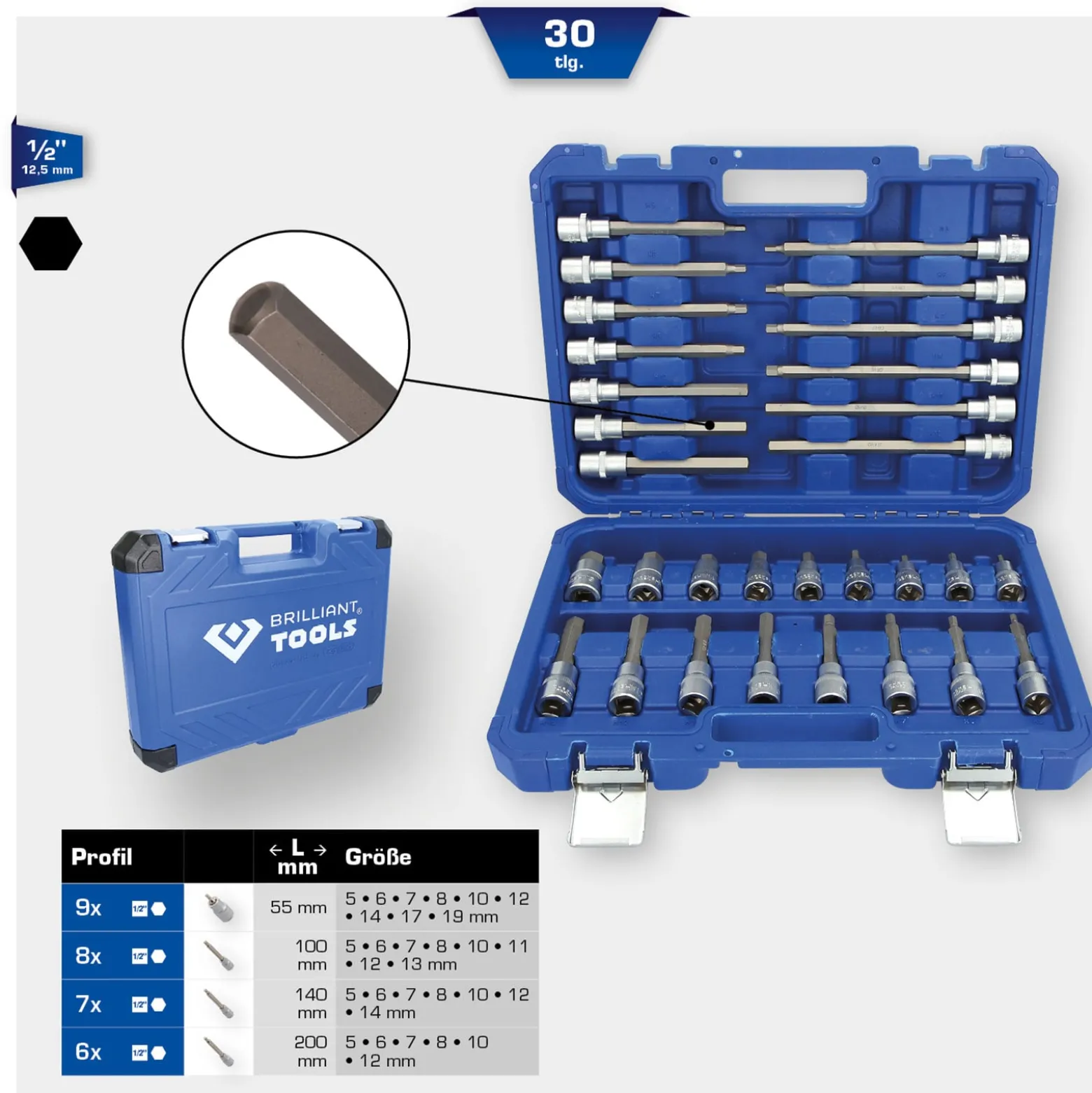 BRILLIANT TOOLS 1/2" Bit-Stecknuss-Satz 30tlg. Innensechskant-Profil - BT022030