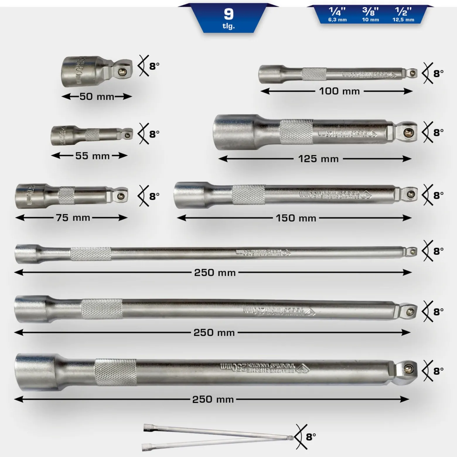 BRILLIANT TOOLS Kippverlängerungs-Satz 1/4" + 3/8" +1/2" 9tlg. - BT020009