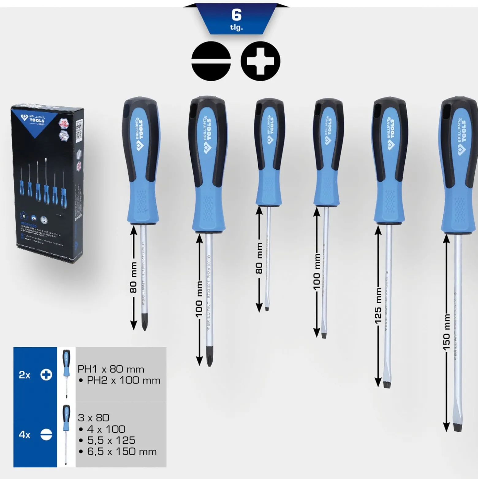 BRILLIANT TOOLS Schraubendreher-Satz 6tlg. Schlitz PH Phillips - BT031000