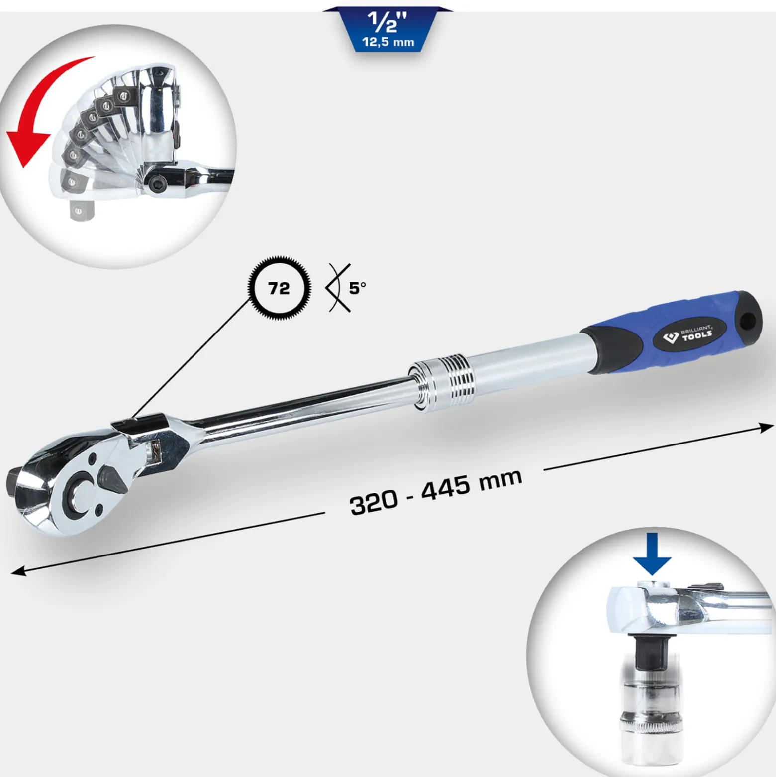 BRILLIANT TOOLS 1/2" Teleskop-Umschaltknarre mit flexibelem Kopf - BT022993