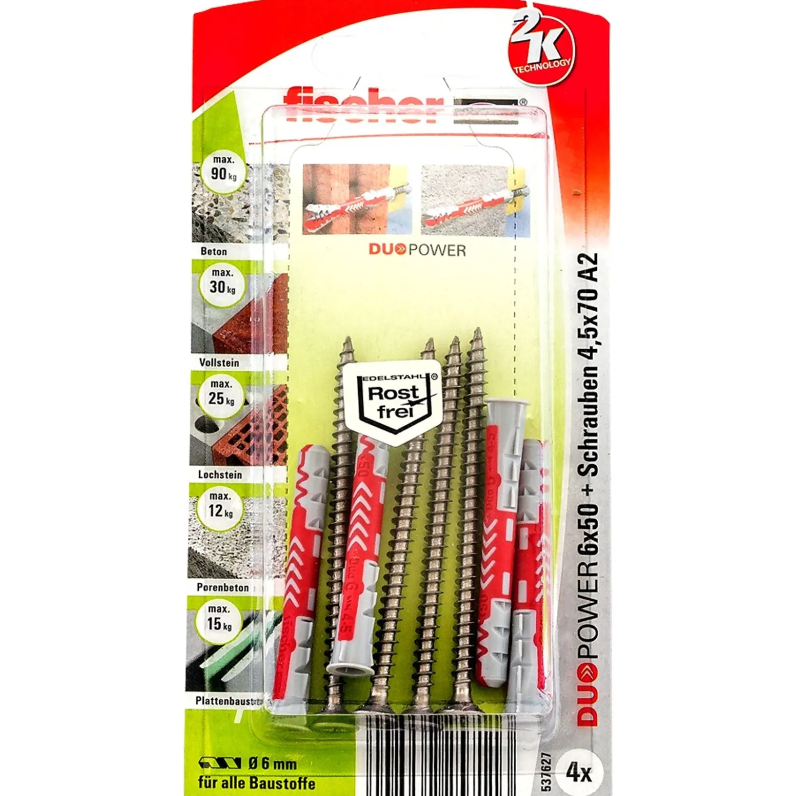 Fischer 4x DUOPOWER 6x50 Schraube nicht rostender Stahl A2 - 537627