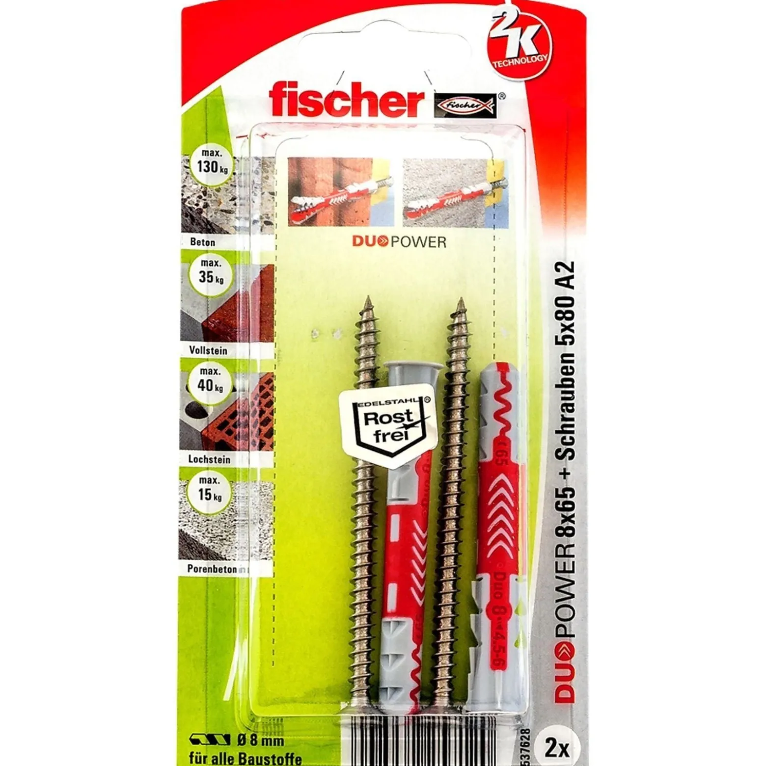 Fischer 2x DUOPOWER 8x65 S Schraube nicht rostender Stahl A2 - 537628