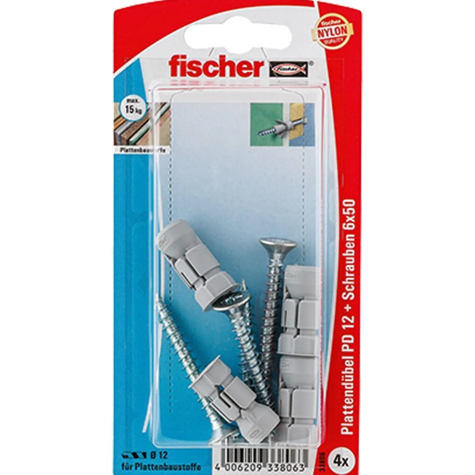 Fischer 4x Plattendübel PD 12 S mit Schraube - 33806