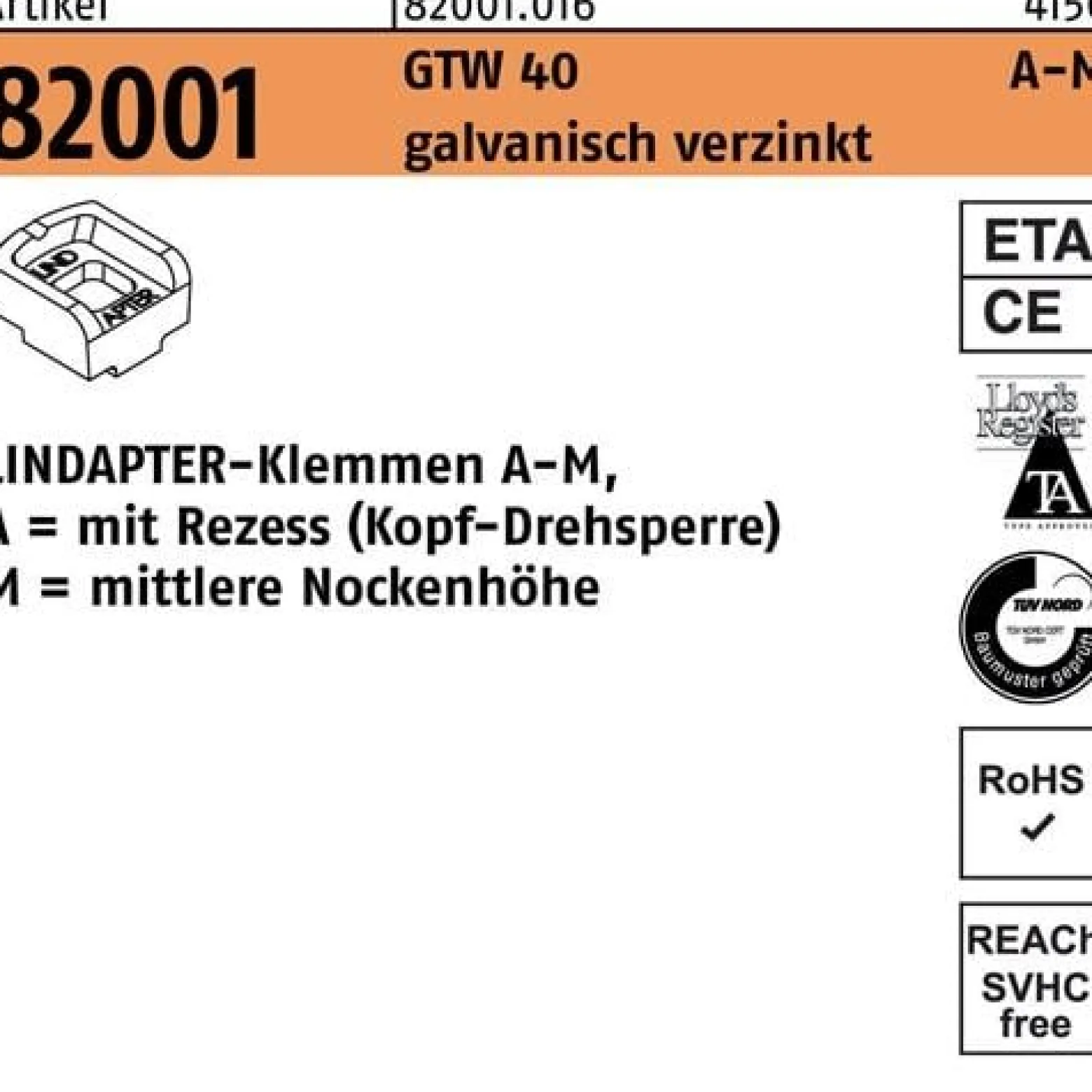 Klemmen R 82001 GTW 40 MM 20/10,0 galv.verz. 1 Stück LINDAPTER
