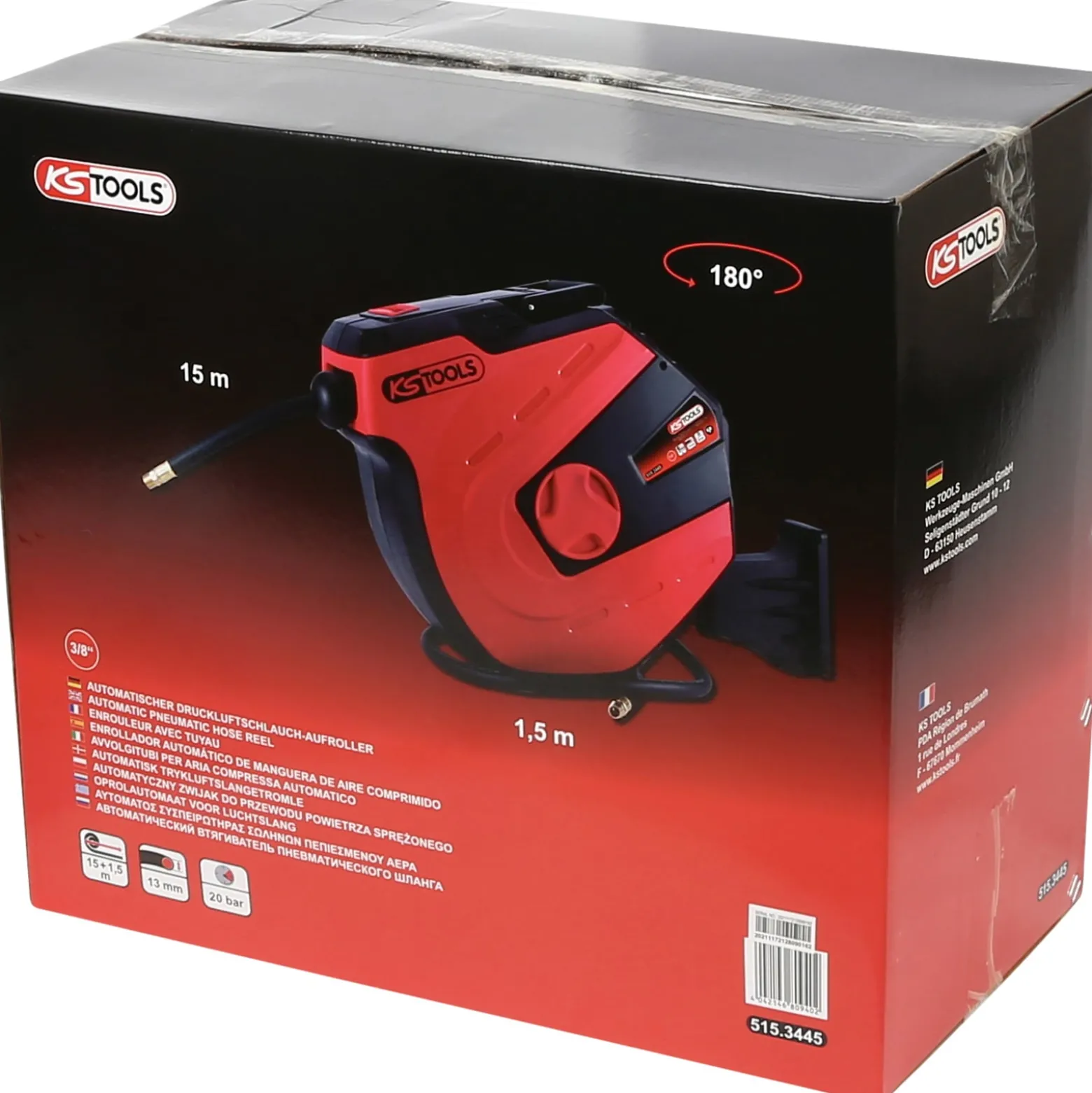 KS TOOLS Automatischer Druckluftschlauch-Aufroller Ø 13 mm x 15 m - 515.3445