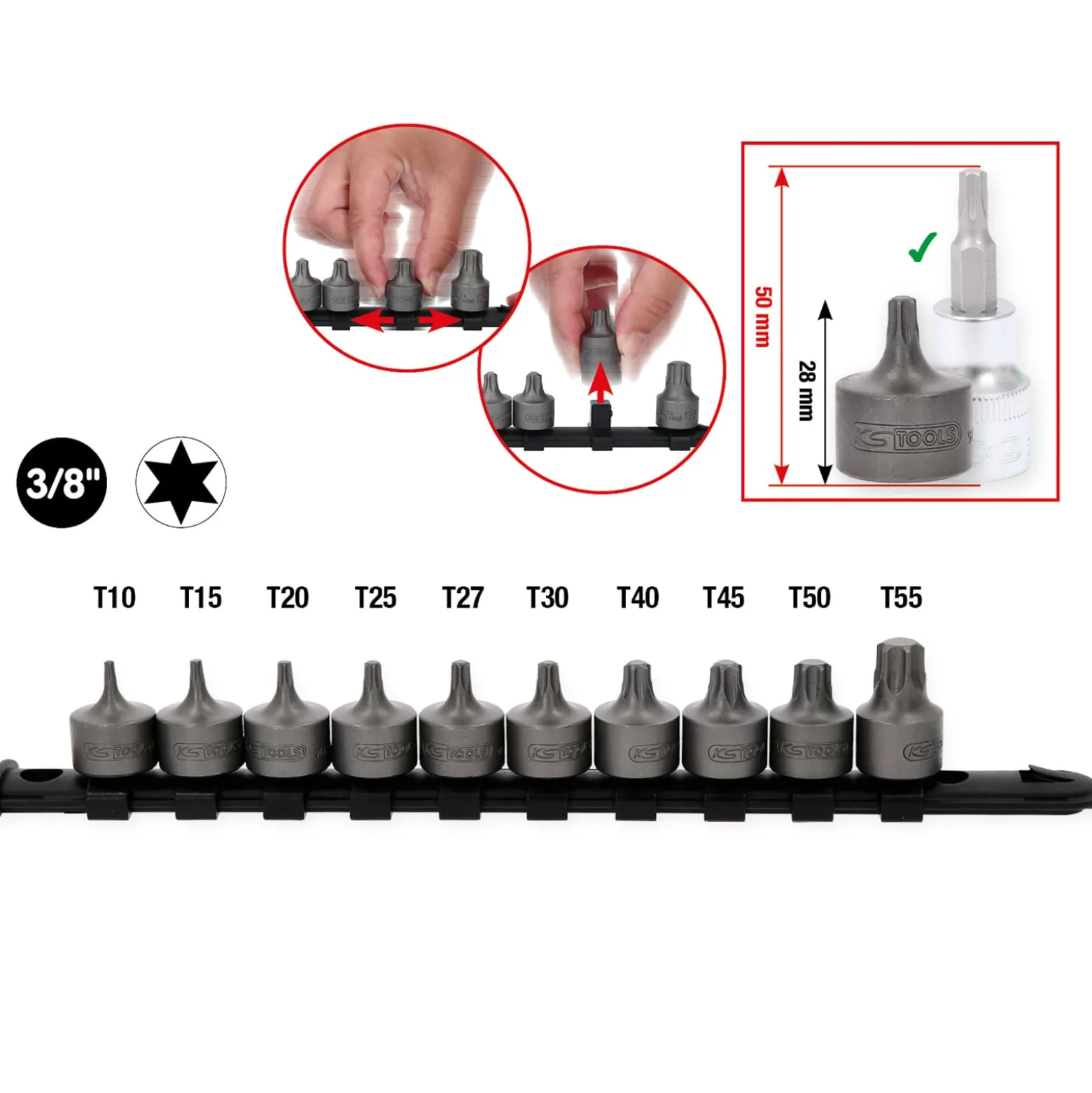 KS TOOLS 3/8" Bit-Stecknuss-Satz Torx kurz 10tlg. T10-T55 - 917.4015