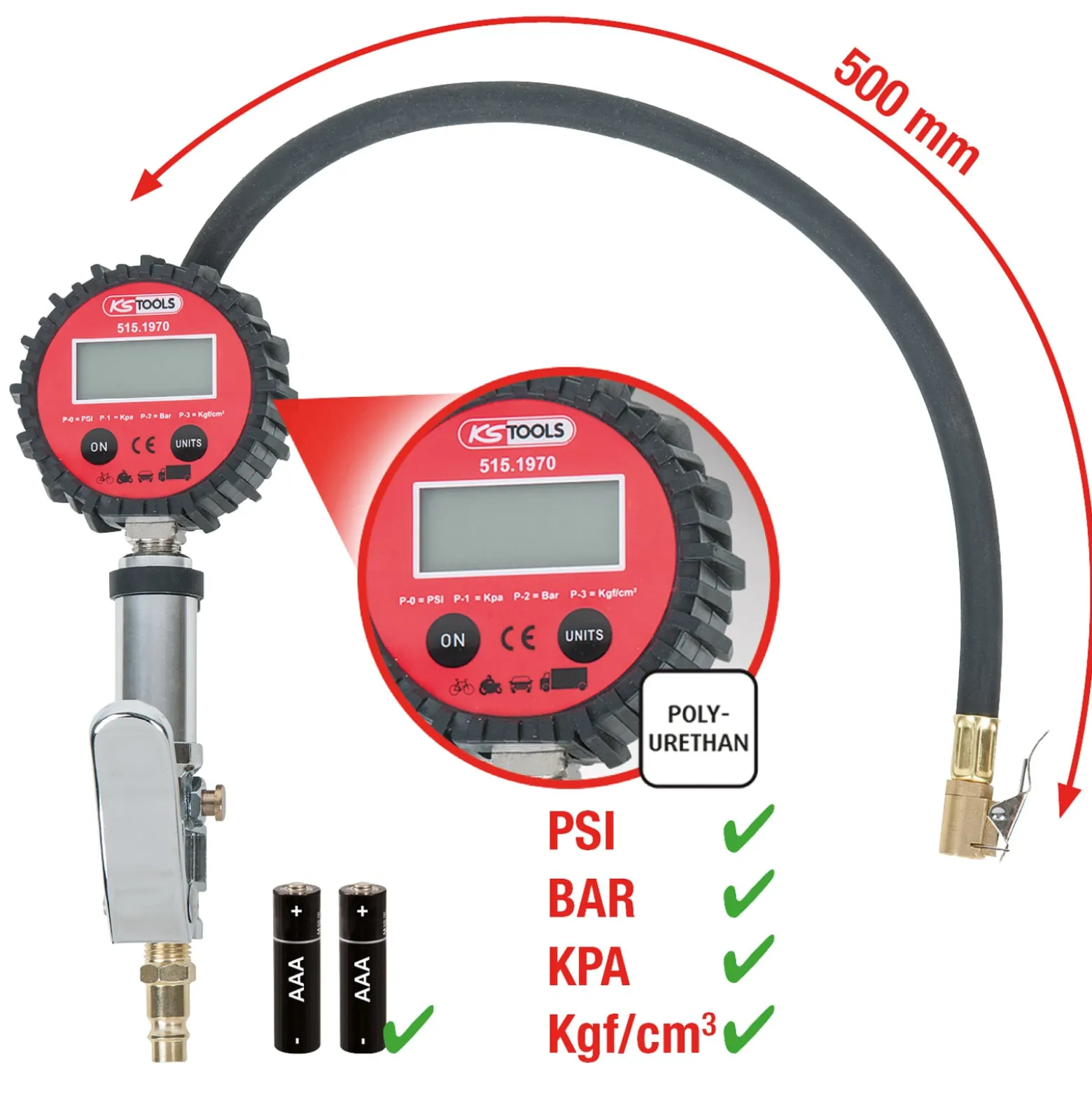 KS TOOLS Digitaler Druckluft-Reifenfüllmesser-14bar - 515.1970