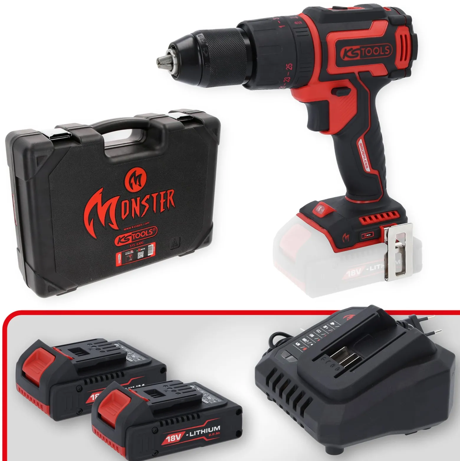 KS TOOLS eMONSTER Brushless-Akku-Schlag-Bohr-Schrauber-Satz 4tlg. - 515.6300