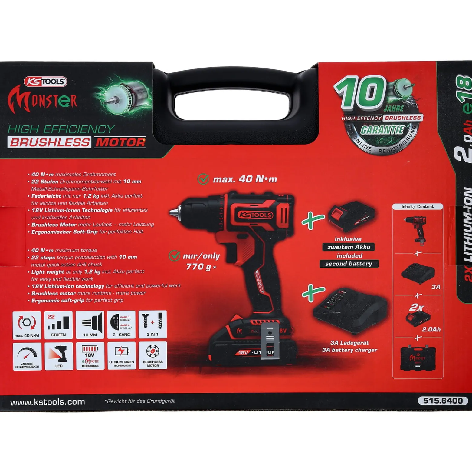 KS TOOLS eMONSTER Brushless-Akku-Schlag-Bohr-Schrauber-Satz 4tlg. - 515.6300