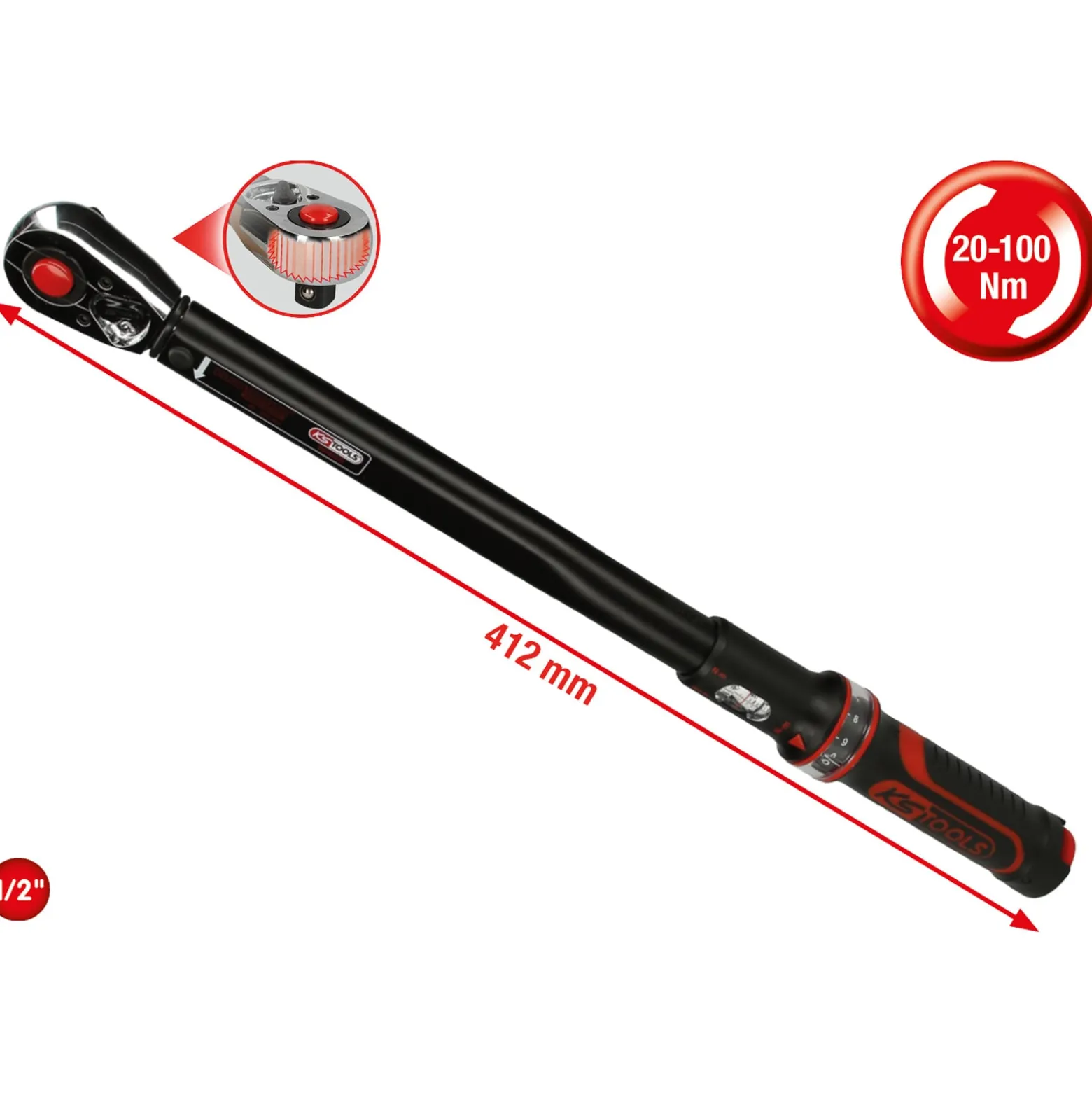 KS TOOLS 1/2" ERGOTORQUEprecision Ratschen-Drehmomentschlüssel 20 - 100 Nm - 516.1532