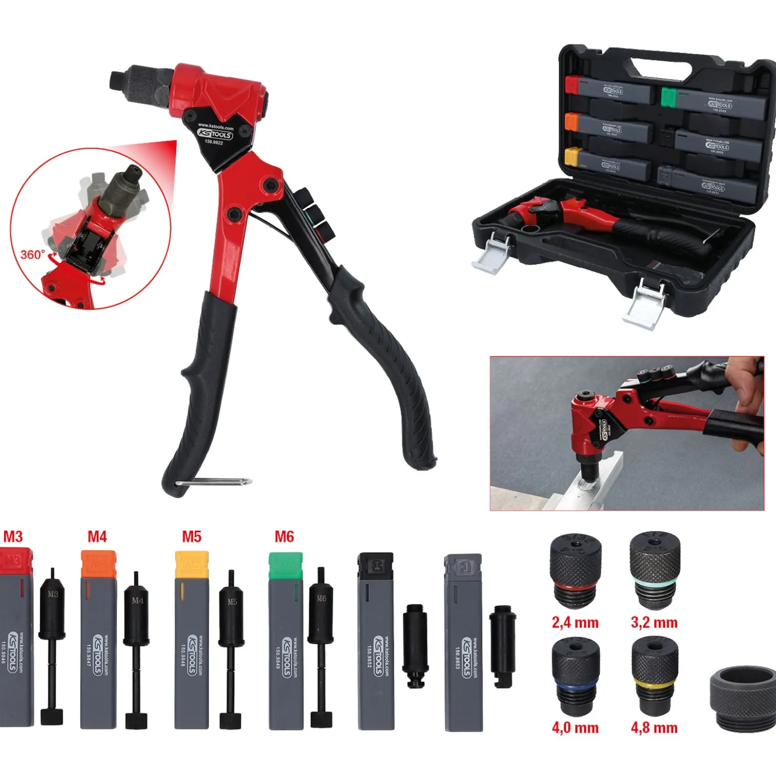 KS TOOLS 3 in 1 Handnietzangen-Satz, drehbar, 12-tlg. - 150.9820