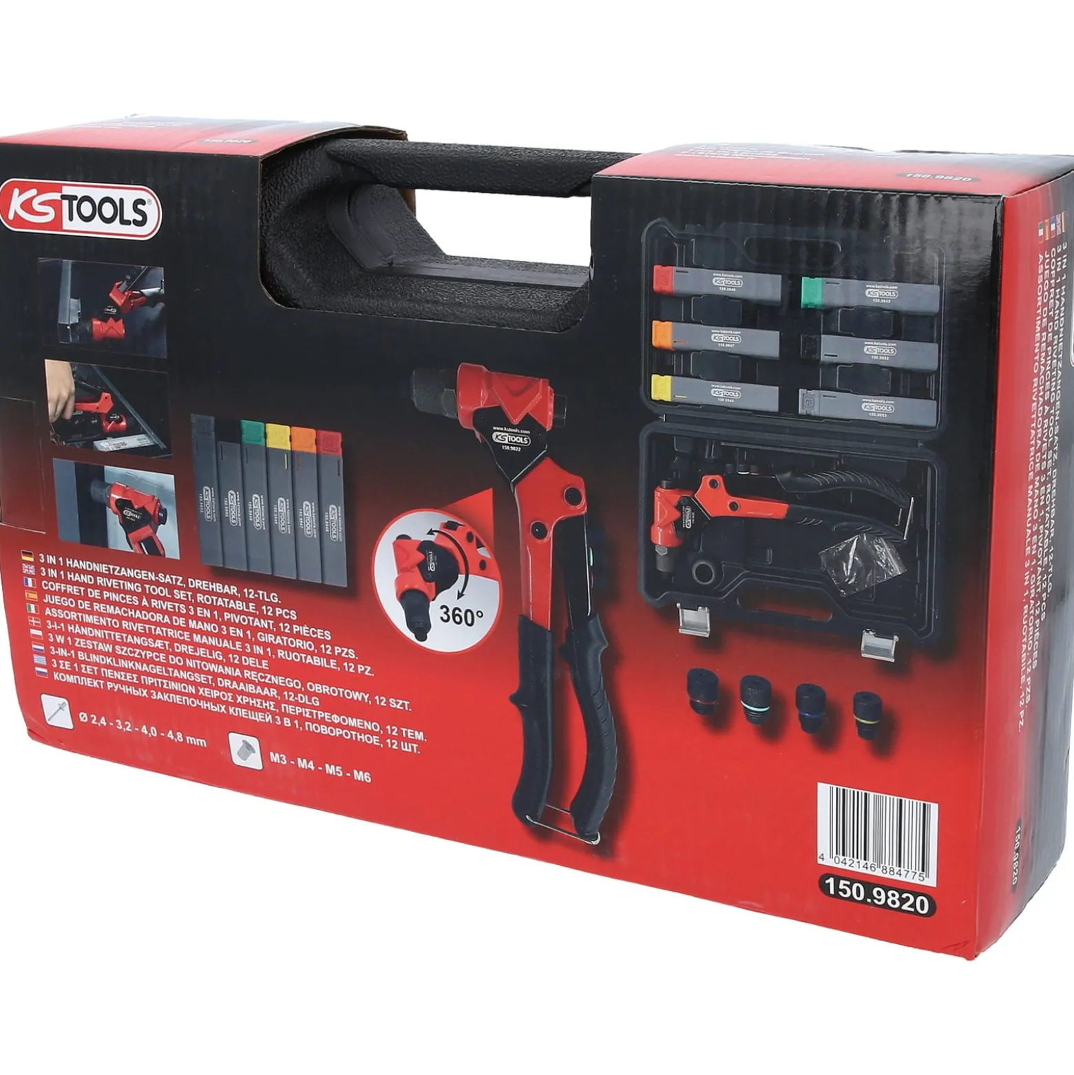 KS TOOLS 3 in 1 Handnietzangen-Satz, drehbar, 12-tlg. - 150.9820