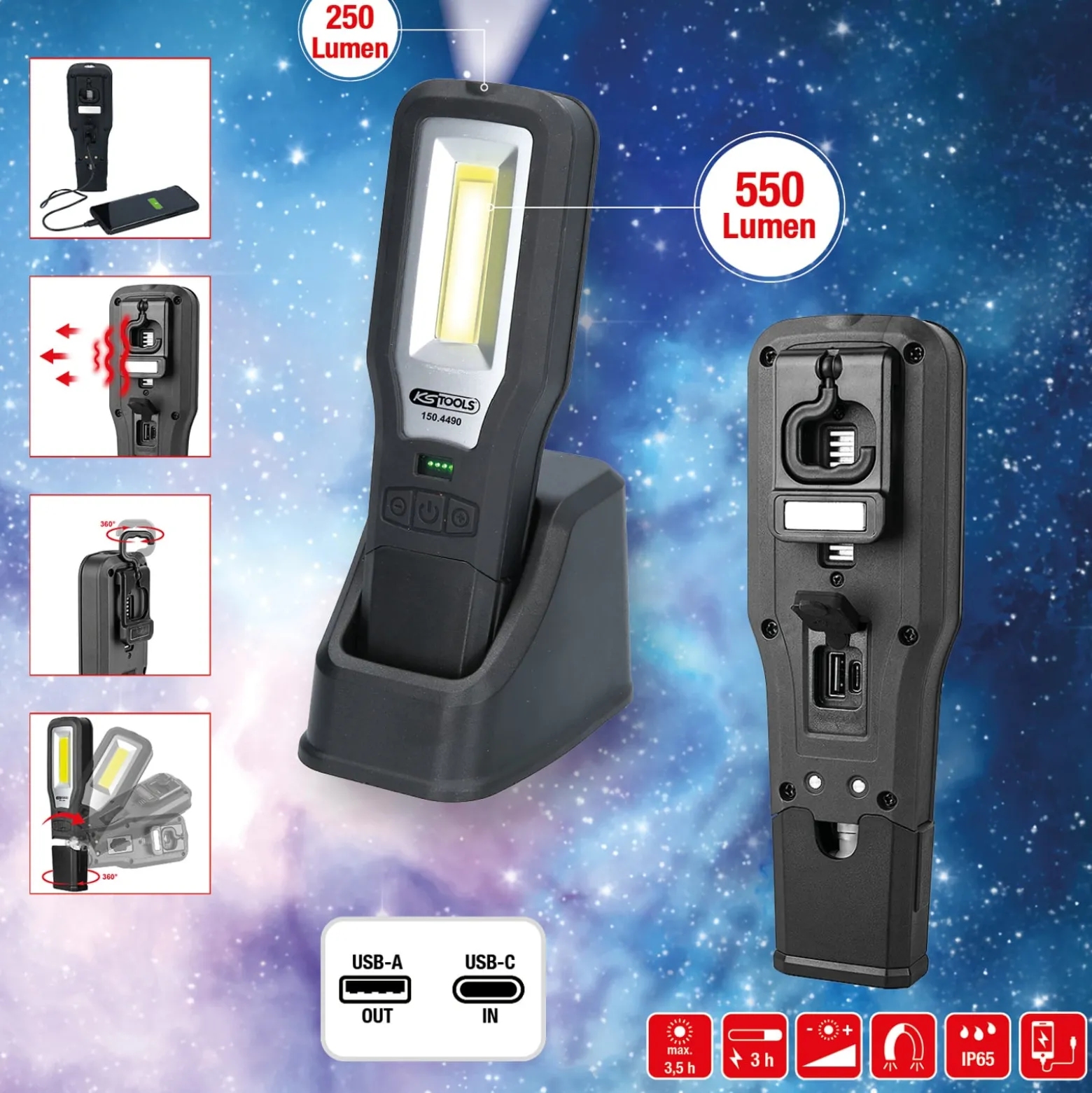 KS TOOLS Mobile Werkstatt-Handlampe knickbar 550 Lumen - 150.4490