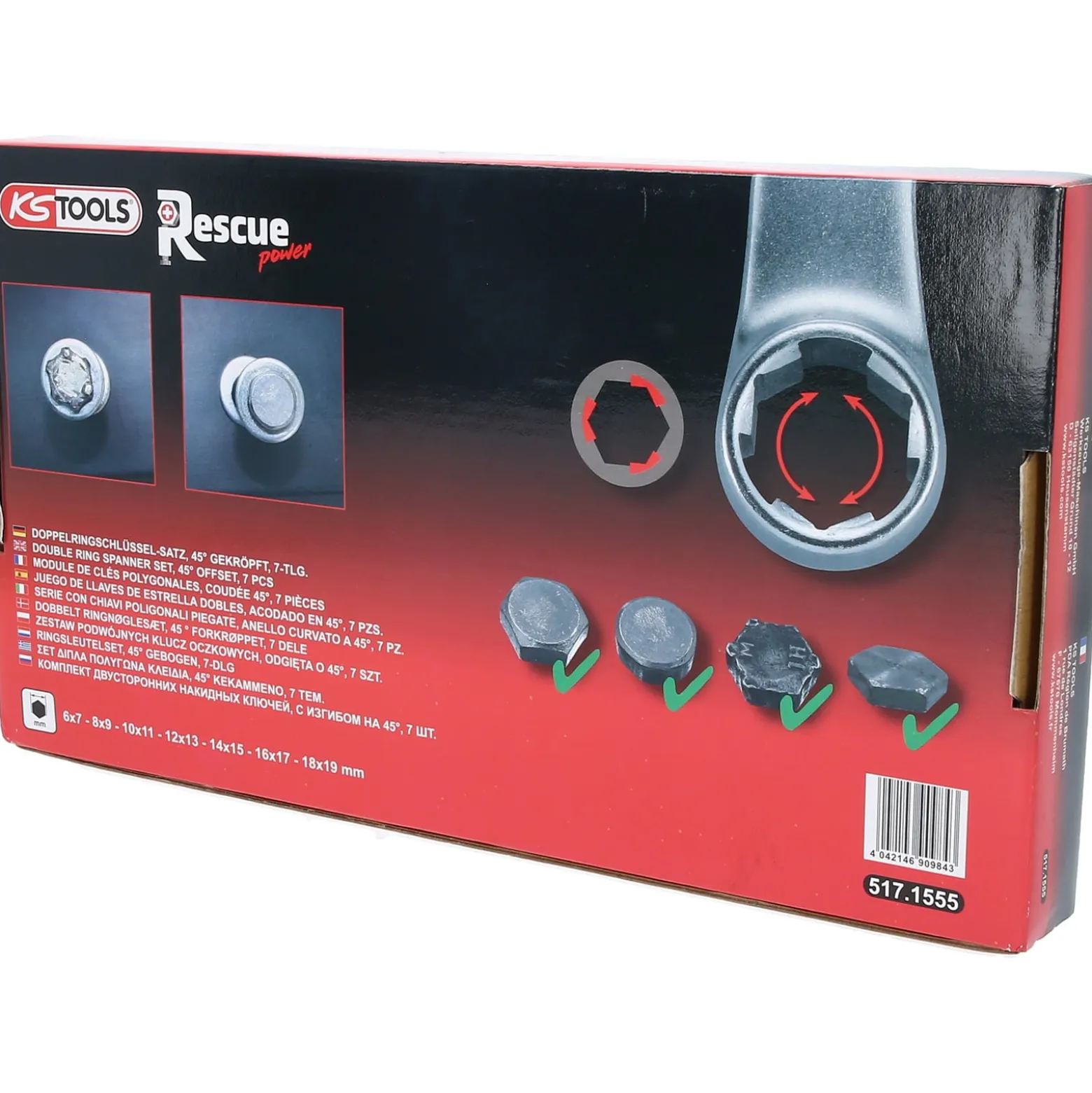 KS TOOLS RESCUEpower Doppel-Ringschlüssel-Satz gekröpft 7tlg. 6-19 mm - 517.1555