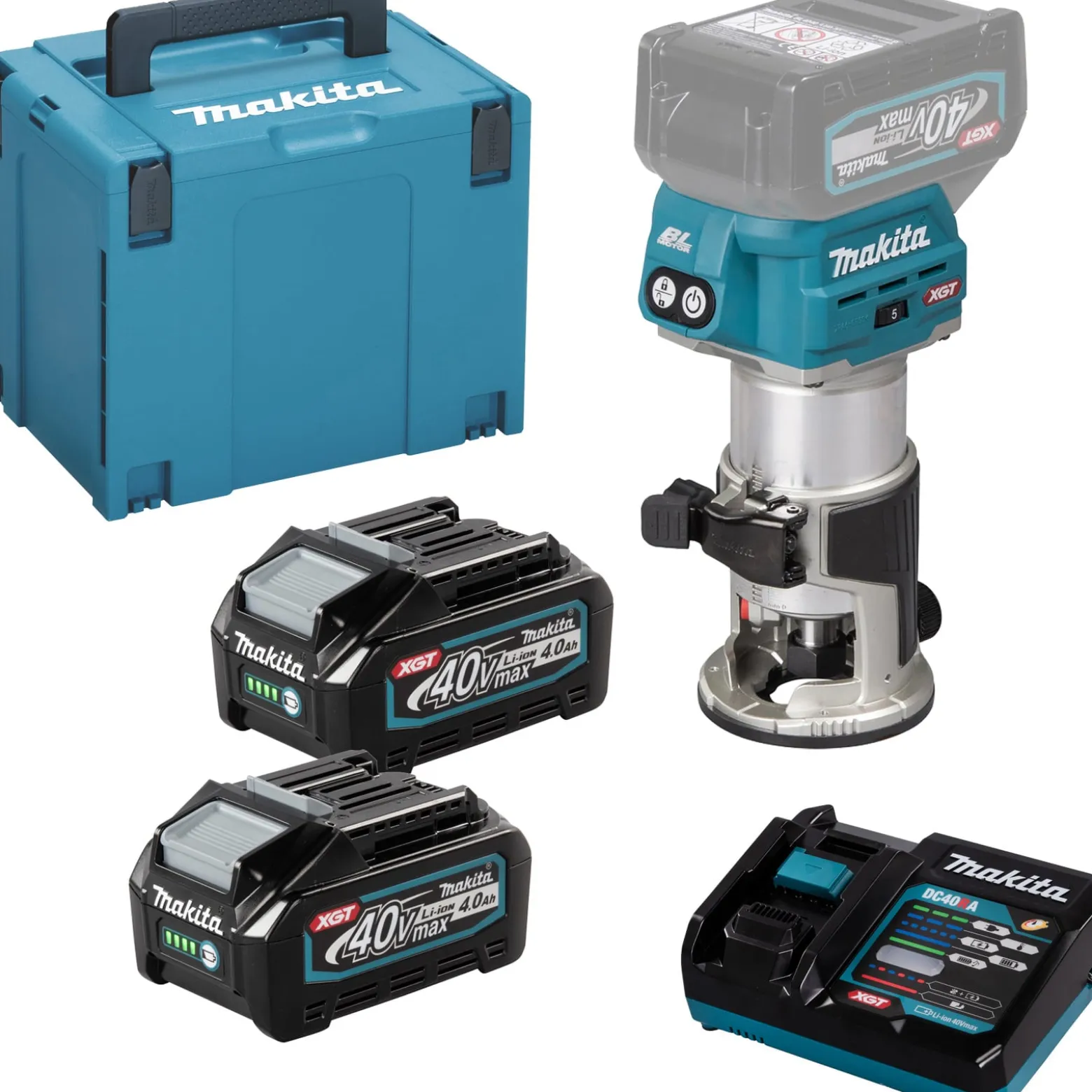 Makita RT001GM205 Akku-Multifunktionsfräse 40V max. inkl. Zubehör / 2x 4,0 Ah Akku + Ladegerät im MAKPAC