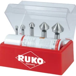 RUKO Kegel- und Entgratsenker-Satz 6tlg. DIN 335 Form C 90° HSSE-Co 5 Ø 6,3 - 25 mm + Schneidpaste 50 ml in Kunststoffkassette - 102142E