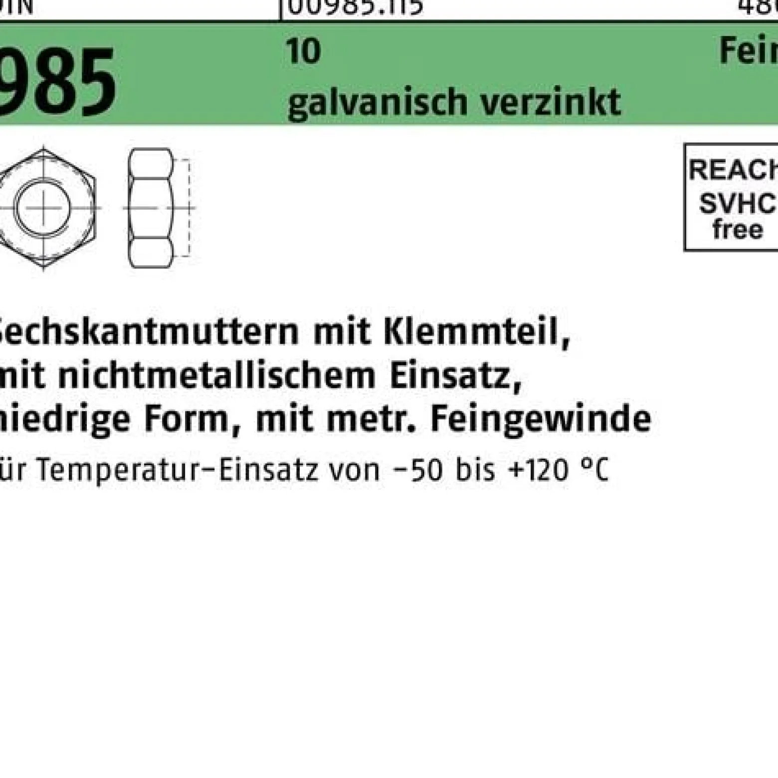 Sechskantmutter DIN 985 Klemmteil M20x 2 10 galv.verz. 50 Stück