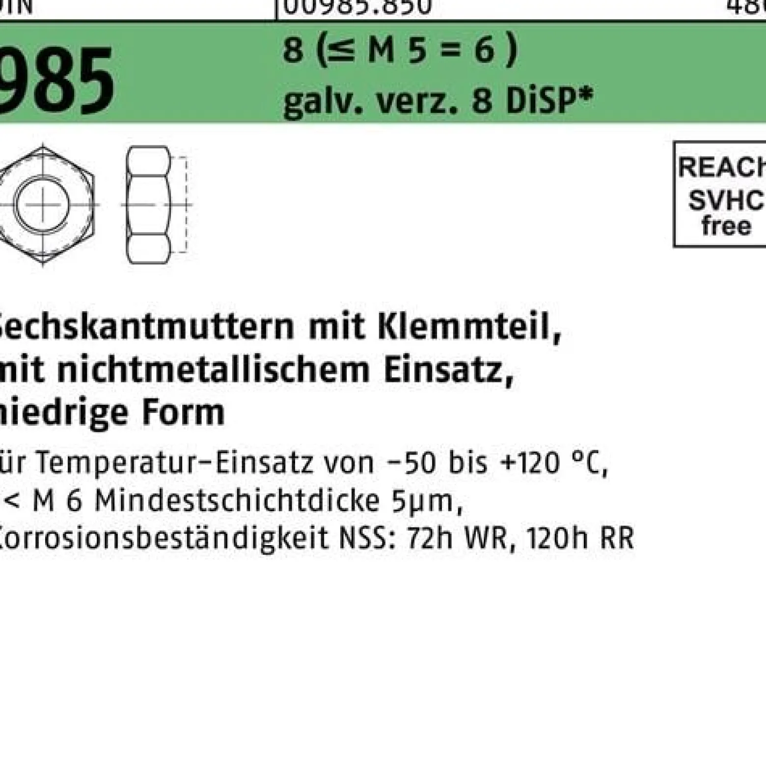 Sechskantmutter DIN 985 Klemmteil M14 8 (=M5 = 6 ) galv.verz. 8 DiSP 100St.