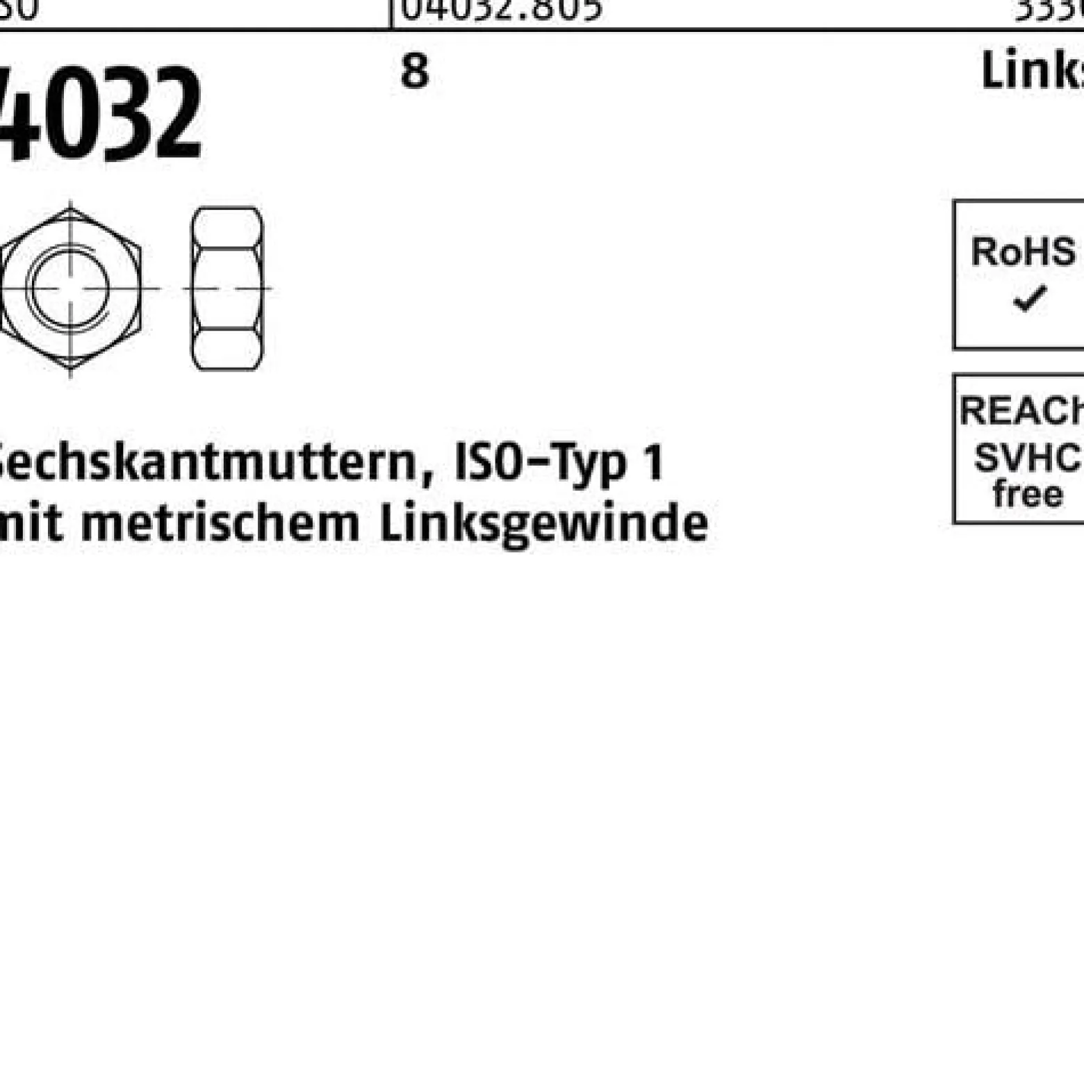 Sechskantmutter ISO 4032 links M6 -LH 8 100 Stück