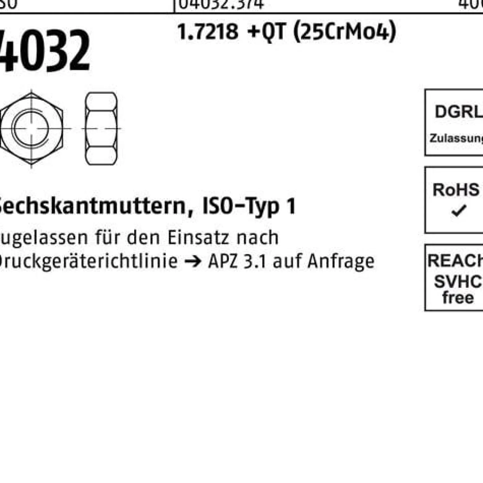 Sechskantmutter ISO 4032 M39 1.7218 +QT (25CrMo4) 5 Stück