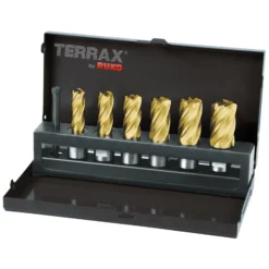 TERRAX by RUKO Kernbohrer-Satz HSS-TiN mit Weldonschaft (3/4") Schnitttiefe 30,0 mm - 7 tlg. (Kassette Stahlblech) - A108820T