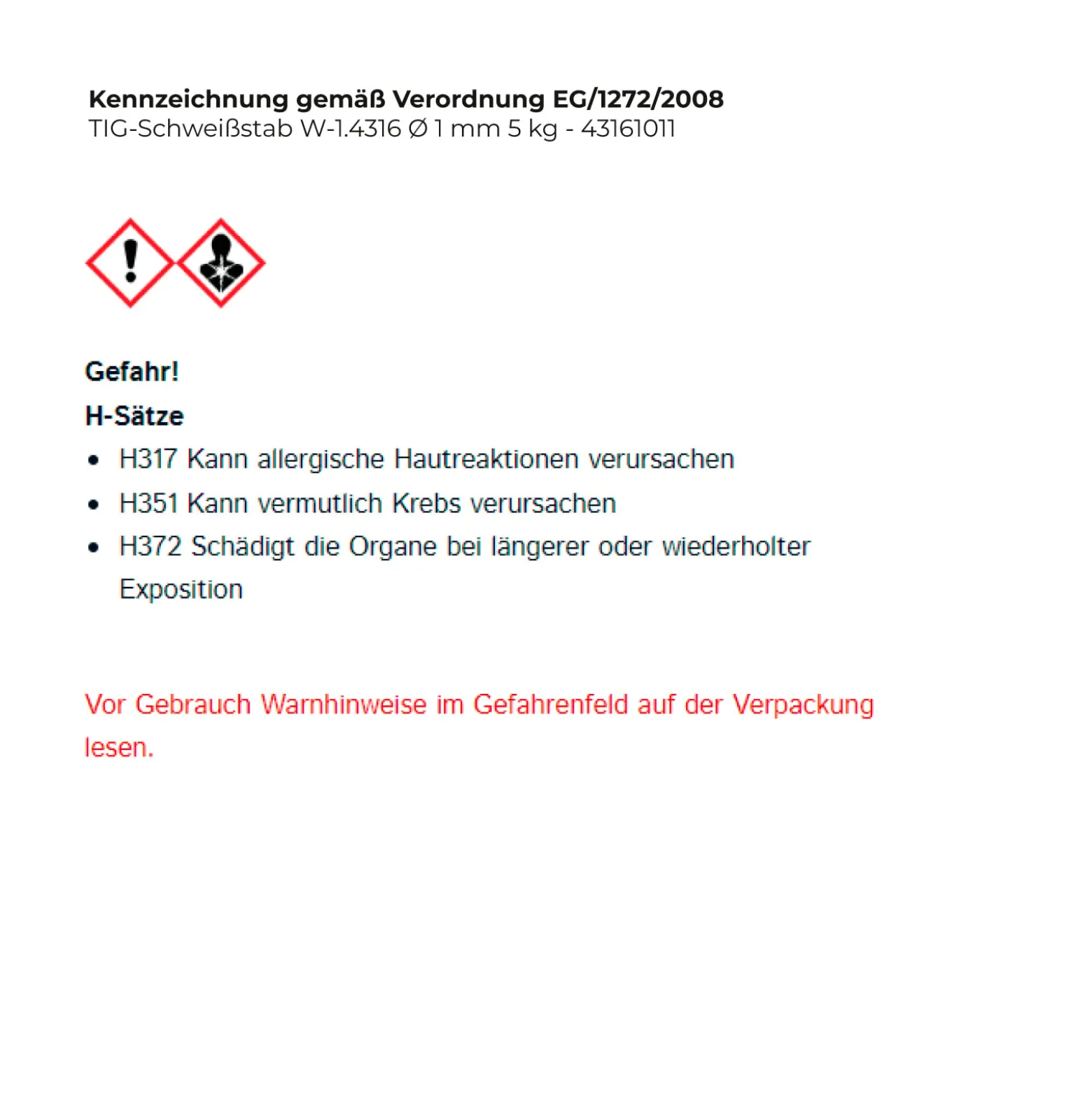 TIG-Schweißstab W-1.4316 Ø 1 mm - 43161011