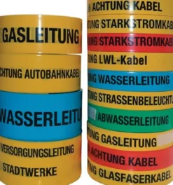 Trassenwarnband Aufdruck Achtung Gasleitung B.40mm L.250m gelb