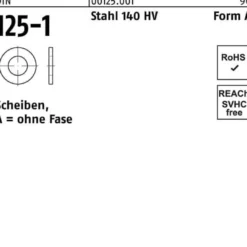 Unterlegscheibe DIN 125-1 A 10,5x20x2 Stahl 140 HV 1000 Stück